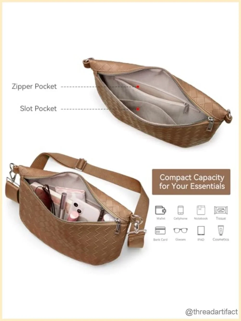 Vegan Leather Woven Crossbody Fanny Pack with Wide Strap